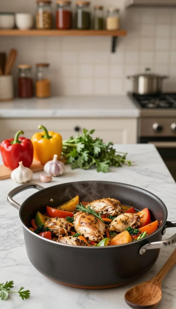 A beautifully arranged one-pot meal showcased in a rustic kitchen setting. In the foreground, a steaming pot filled with vibrant vegetables, tender chicken, and aromatic herbs, arranged attractively with a wooden spoon beside it. In the middle ground, a marble countertop with colorful ingredients like bell peppers, garlic, and fresh herbs neatly placed, enhancing the inviting look of the dish. In the background, soft, warm lighting bathes the kitchen, highlighting wooden shelves filled with spices and cookbooks. The overall mood is cozy and inviting, perfect for conveying quick cooking methods. Capture the essence of simplicity, freshness, and warmth with a Pinterest aesthetic. Include subtle branding of "Ordnungskiste" in the scene, ensuring it blends naturally into the environment.