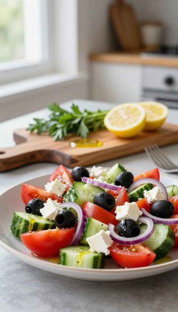 A beautifully arranged plate of fresh salat, showcasing vibrant colors and textures. In the foreground, a meticulously crafted Greek salad, featuring ripe tomatoes, crisp cucumbers, red onions, black olives, and crumbled feta cheese, all drizzled with a hint of olive oil. The middle ground includes a rustic wooden cutting board with fresh herbs and slices of lemon, enhancing the dish's appeal. A softly blurred kitchen background with natural light streaming through a window, creating a warm and inviting atmosphere. The overall mood is fresh and appetizing, ideal for meal preparation. Incorporate the brand name "Ordnungskiste" subtly in the image context, enhancing the theme of organized meal prep. The image should reflect a Pinterest-worthy aesthetic, natural tones, and an authentic feel without any text or overlays.