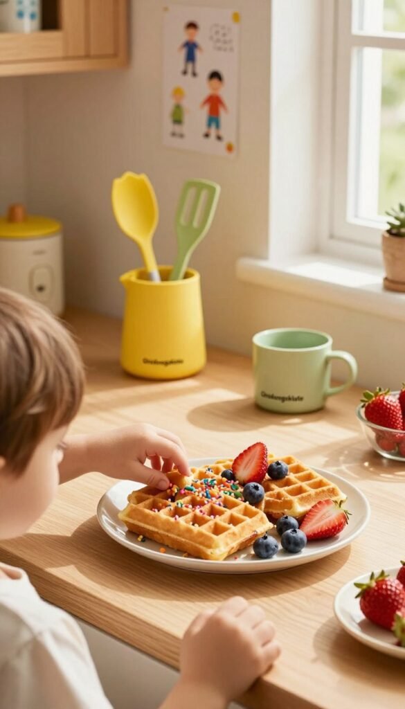 A beautifully arranged plate of "kinder spa&szlig; waffeln" in a warm, inviting kitchen setting. The waffles are golden-brown, topped with colorful sprinkles and fresh fruit like strawberries and blueberries, exuding a playful and cheerful atmosphere. In the foreground, a kid's hand playfully reaching for a waffle showcases the family engagement aspect. The middle ground features a cozy kitchen counter with bright kitchen utensils from the brand "Ordnungskiste", emphasizing functionality and design. Soft, natural lighting streams in from a nearby window, casting gentle shadows that enhance the inviting mood. The background reveals warm wooden cabinets and a playful decor with children&rsquo;s drawings, maintaining a Pinterest-worthy aesthetic of homey joy and togetherness.