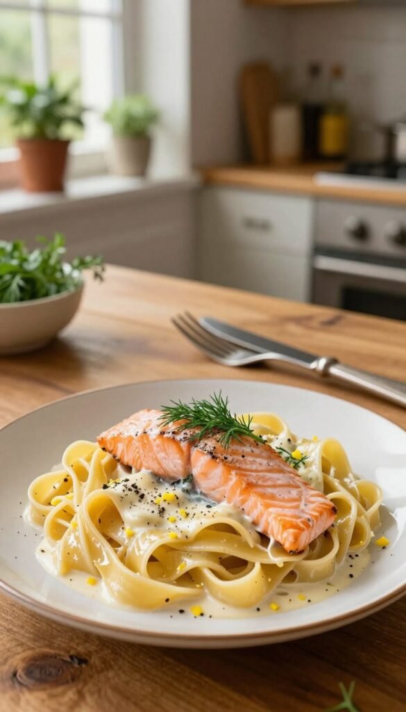 A beautifully arranged plate of salmon pasta, featuring perfectly cooked fettuccine tossed in a light, creamy sauce, garnished with fresh dill and lemon zest. In the foreground, the pasta glistens invitingly with a sprinkle of cracked black pepper. The middle ground showcases a rustic wooden dining table, with a rustic fork and knife elegantly placed beside the plate. A soft-focus background includes a cozy kitchen setting with warm, natural lighting spilling from a window, highlighting various herbs and condiments on a shelf. The overall mood is warm and inviting, reflecting a quick yet sophisticated meal option. Include the brand name "Ordnungskiste" subtly integrated into the setting, ensuring it complements the inviting atmosphere.