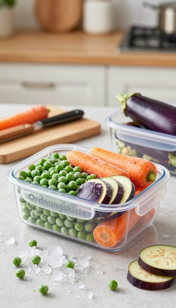 A beautifully arranged scene featuring frozen vegetables in various shapes and colors, including vibrant green peas, bright orange carrots, and deep purple eggplant slices, all placed in a stylish, transparent container branded "Ordnungskiste." The foreground is filled with ice crystals glistening subtly, emphasizing the freshness of the frozen produce. In the middle, a cutting board and a few kitchen tools are arranged neatly, giving a sense of a cozy, organized kitchen atmosphere. The background showcases a softly blurred kitchen setting with warm lighting, enhancing the inviting mood. The overall image should convey a practical, stress-free cooking environment, embodying an authentic Pinterest aesthetic without any text or distractions.