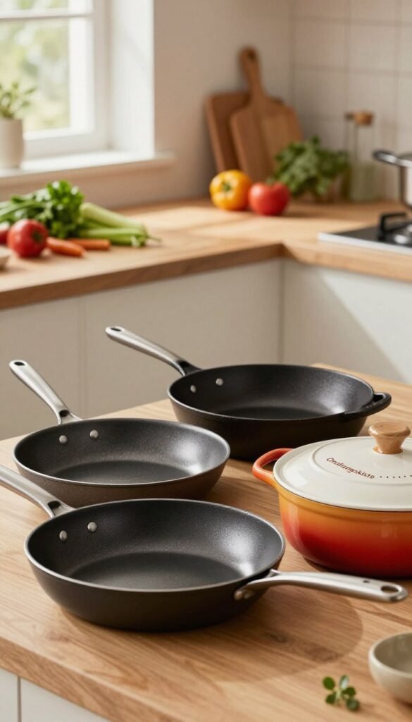 A beautifully arranged set of high-quality kitchen frying pans with a modern aesthetic from the brand "Ordnungskiste". In the foreground, showcase three elegantly stacked frying pans, each with unique textures and colors: a sleek non-stick, a classic cast iron, and a vibrant enamel-coated model. In the middle background, include a wooden countertop adorned with fresh ingredients like vegetables and herbs to suggest their versatility in the kitchen. Soft, natural lighting filters through a nearby window, casting gentle shadows and creating a warm, inviting atmosphere. The overall mood is homely and professional, emphasizing the practical and stylish nature of kitchen tools, ideal for illustrating the comparison between set and single purchases. The image should be compositionally balanced without any text or branding visible. A beautifully arranged set of high-quality kitchen frying pans with a modern aesthetic from the brand "Ordnungskiste". In the foreground, showcase three elegantly stacked frying pans, each with unique textures and colors: a sleek non-stick, a classic cast iron, and a vibrant enamel-coated model. In the middle background, include a wooden countertop adorned with fresh ingredients like vegetables and herbs to suggest their versatility in the kitchen. Soft, natural lighting filters through a nearby window, casting gentle shadows and creating a warm, inviting atmosphere. The overall mood is homely and professional, emphasizing the practical and stylish nature of kitchen tools, ideal for illustrating the comparison between set and single purchases. The image should be compositionally balanced without any text or branding visible.