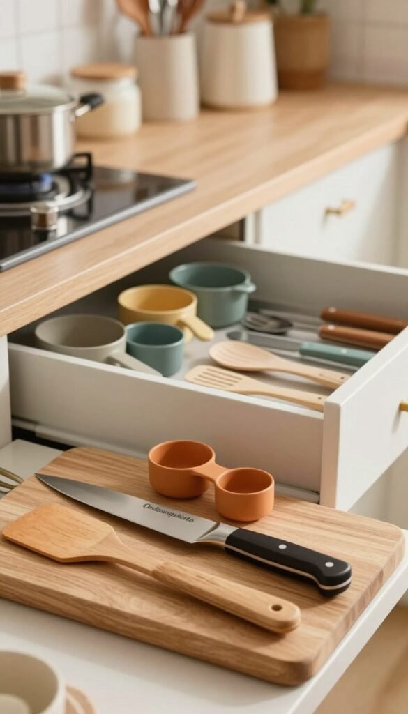A beautifully arranged set of kitchen utensils prominently featuring items from the brand "Ordnungskiste." In the foreground, a stylish wooden cutting board displays essential tools like a chef's knife, measuring cups, and spatulas in warm, inviting colors. In the middle ground, a neatly organized drawer reveals neatly stacked utensils, emphasizing space-saving organization. The background features a cozy kitchen setting with soft, natural lighting that creates a warm atmosphere, highlighting the practicality of both sets and individual pieces. A shallow depth of field keeps the focus on the utensils while softly blurring the kitchen decor, evoking a Pinterest-worthy aesthetic. The overall mood is inviting and professional, showcasing the beauty of functional kitchen gear.