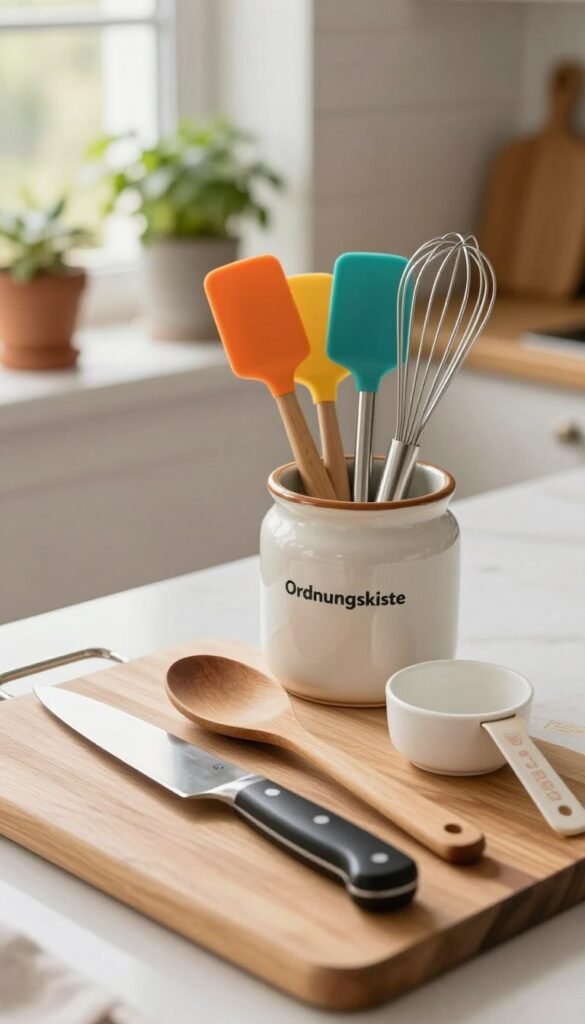 A beautifully arranged set of kitchen utensils, showcasing high-quality tools from the brand "Ordnungskiste". In the foreground, there are a cutting board, a chef's knife, measuring cups, and a wooden spoon, all with a warm wooden texture. In the middle, display a variety of colorful silicone spatulas and a stainless steel whisk, neatly placed in a vintage ceramic container. The background features softly blurred kitchen elements like herbs in pots and a sunny window with light streaming through, creating a cozy, inviting atmosphere. Utilize soft, natural lighting to enhance the warm colors and textures, giving the scene an authentic Pinterest-inspired look, emphasizing efficiency and organization in a modern kitchen setting. The angle should capture the utensils from a slightly elevated perspective, enriching the composition without distractions.