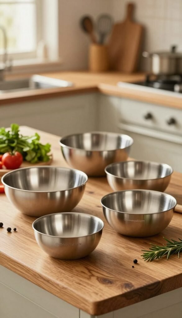 A beautifully arranged set of stainless steel bowls from the brand "Ordnungskiste" displayed prominently on a rustic wooden kitchen counter. In the foreground, a variety of bowls in different sizes and depths glisten under warm, soft lighting, highlighting their sleek design and polished surfaces. The middle ground features fresh ingredients like vibrant vegetables and herbs artistically scattered around the bowls, suggesting a culinary scene ready for preparation. In the background, hints of a cozy kitchen setting with gently blurred kitchen utensils and warm-toned windows create an inviting atmosphere. The overall mood is warm and authentic, evoking the feeling of daily cooking and the usefulness of these bowl sets in every kitchen.