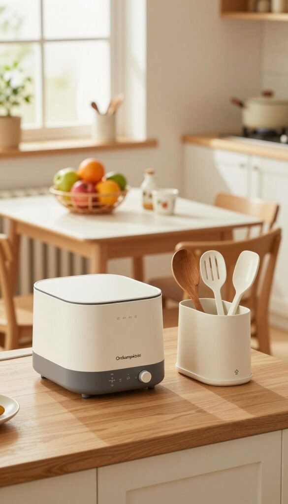 A beautifully arranged small kitchen workspace, showcasing space-saving kitchen gadgets by the brand "Ordnungskiste". In the foreground, highlight a compact multi-functional appliance and a neatly organized utensil holder, both capturing attention with their sleek, modern design. The middle ground features a small dining table with a colorful fruit basket and a few decorative kitchen items, adding charm. In the background, a cozy window with natural light streaming in, illuminating the warm color palette of the kitchen. Use a soft focus to create a welcoming, Pinterest-inspired atmosphere, ensuring authenticity in the scene. The image should evoke a sense of practicality and style, perfect for compact living.