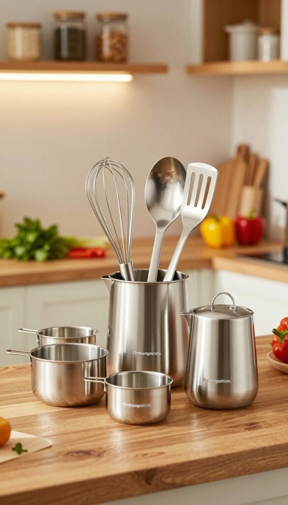 A beautifully arranged stainless steel kitchen set from the brand "Ordnungskiste," prominently displayed in the foreground. The set includes various kitchen tools such as a whisk, measuring cups, and utensils, all polished to a gleaming shine, reflecting soft, warm ambient light. In the middle, a rustic wooden countertop with a hint of fresh herbs and colorful bell peppers adds a pop of color, evoking a welcoming kitchen atmosphere. The background features softly blurred kitchen elements, like shelves with jars and cookbooks that enhance the homely feel. The lighting is bright yet warm, creating an inviting and cozy ambiance. The overall mood conveys practicality and elegance, perfect for anyone seeking useful kitchen helpers without compromising style.