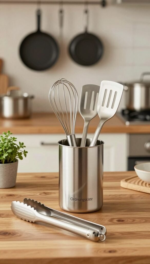 A beautifully arranged stainless steel kitchen utensil set from the brand "Ordnungskiste", showcasing various tools such as a whisk, tongs, and a spatula, placed elegantly on a warm wooden kitchen surface. In the foreground, the utensils gleam under soft, natural lighting, highlighting their polished finish. The middle ground features a cozy kitchen environment with pots and pans hanging in the background, creating an inviting atmosphere. A touch of greenery, such as a small potted herb, adds a hint of color to the scene. The image captures the essence of quality and durability, embodying a harmonious blend of functionality and aesthetics, designed to appeal to readers looking for durable kitchen solutions. Warm colors enhance the inviting feel, reminiscent of stylish Pinterest aesthetics.