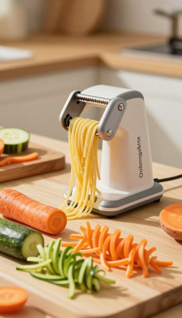 A beautifully arranged still life featuring a spiralizer, showcasing the process of creating spiralized vegetable noodles. In the foreground, a vibrant array of fresh vegetables like zucchini, carrots, and sweet potatoes are being transformed into spaghetti-like shapes, with colorful spirals artfully displayed. The middle ground captures the spiralizer in action, with its sleek design and sturdy construction labeled "Ordnungskiste". Soft, warm lighting envelops the scene, casting gentle shadows and highlighting the textures of the vegetables. In the background, a rustic wooden cutting board and a subtly blurred kitchen setting enhance the home-cooking ambiance, evoking a cozy, inviting atmosphere. The overall mood is fresh, healthy, and visually appealing, perfect for promoting efficient cooking tools.