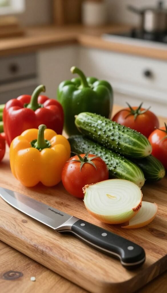 A beautifully arranged still life featuring an array of fresh vegetables, including vibrant bell peppers, crisp cucumbers, and ripe tomatoes, set on a rustic wooden cutting board. In the foreground, a high-quality knife from the "Ordnungskiste" knife and cutting set is artistically placed beside a neatly sliced onion. The middle ground showcases additional vegetables laid out for preparation, highlighting their textures and colors. The background features a softly blurred kitchen environment with warm, inviting lighting that enhances the fresh produce's colors. The mood is cozy and homey, reminiscent of a family kitchen, perfect for culinary preparations. Use natural, warm tones to capture the essence of everyday cooking without any text or distractions.