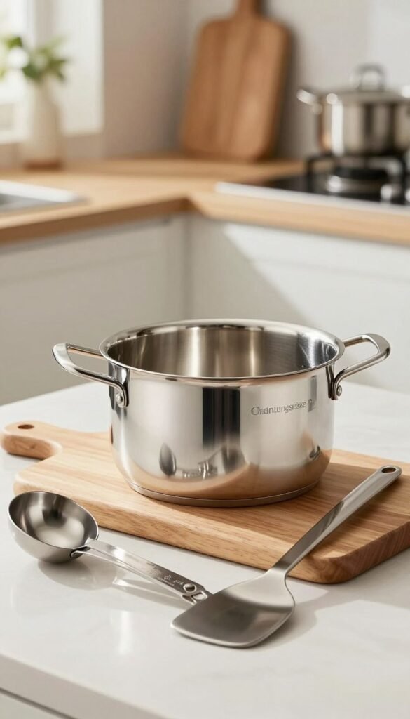 A beautifully arranged still life featuring high-quality stainless steel kitchen utensils from the brand "Ordnungskiste". In the foreground, showcase a sleek stainless steel pot with polished reflective surfaces, alongside a set of elegant measuring spoons and a durable spatula, all subtly illuminated to emphasize their shine and craftsmanship. In the middle, display a cutting board made of natural wood, enhancing the contrast with the metallic utensils. The background features a softly blurred kitchen setting, with warm, inviting colors and natural lighting streaming in, creating a cozy atmosphere. The focus is on the high-quality and hygienic nature of the stainless steel, reflecting durability and style, evoking a sense of sophistication in a modern kitchen environment.