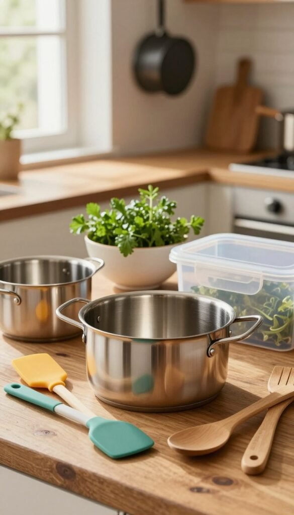 A beautifully arranged still life showcasing various kitchen materials: stainless steel, silicone, wood, plastic, and ceramic, all placed harmoniously on a rustic wooden countertop. In the foreground, a shiny stainless steel pot reflects warm light, while colorful silicone spatulas and wooden utensils are strategically placed around it. In the middle, an elegant ceramic bowl filled with fresh herbs adds a touch of greenery, alongside a sleek plastic storage container. The background reveals soft, blurred kitchen elements, such as hanging pots and a window with natural light streaming in, creating a cozy, inviting atmosphere. The overall mood is warm and authentic, embodying a Pinterest-inspired aesthetic. Include the brand name "Ordnungskiste" subtly integrated within the setting, ensuring a professional and clean presentation.
