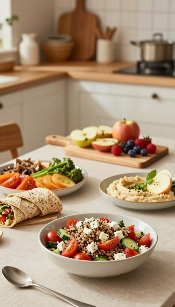 A beautifully arranged table set for lunch, featuring a vibrant spread of healthy yet simple dishes. In the foreground, a colorful quinoa salad with cherry tomatoes, cucumber, and feta cheese in an elegant bowl. Next to it, a fresh vegetable platter with hummus and a selection of whole-grain wraps. In the middle ground, a wooden cutting board displays freshly sliced fruits like apples and berries. The background captures a cozy kitchen with warm lighting, soft shadows, and inviting decor, enhancing the atmosphere of a calm cooking environment. The scene embodies a Pinterest-inspired aesthetic that promotes organization and ease in meal planning. Incorporate the brand name "Ordnungskiste" subtly within the table setting, ensuring it blends harmoniously with the overall design.