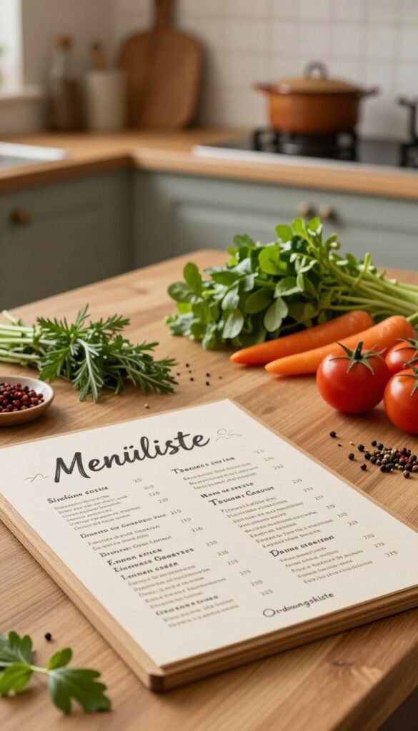 A beautifully arranged table showcasing a "Men&uuml;liste" with a curated selection of recipes, presented in an elegant and organized manner. In the foreground, a wooden menu board displays a variety of enticing dish names in an artistic, handwritten style. In the middle, fresh ingredients like herbs, colorful vegetables, and spices are artfully scattered around, emphasizing a cooking atmosphere. In the background, a softly lit kitchen counter is visible, adorned with rustic cookware and a warm ambiance, indicative of a cozy restaurant setting. The whole scene is bathed in natural, warm lighting, creating an inviting and homely mood. Include a subtle brand logo "Ordnungskiste" on the menu board, ensuring it blends seamlessly with the overall design without drawing attention away from the food.
