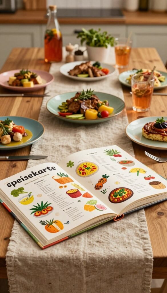 A beautifully arranged table showcasing a "speisekarte" concept for home dining, featuring an elegant wooden table adorned with a rustic tablecloth. In the foreground, an intricately designed menu open to vibrant, seasonal dishes, artistically illustrated with fresh ingredients. The middle ground features a variety of colorful plates, styled gourmet meals, and refreshing drinks, all presented in warm, inviting hues. In the background, soft ambient lighting casts a cozy glow, with subtle hints of kitchen elements, like herbs and spices, suggesting a homely atmosphere. Capture a Pinterest-worthy aesthetic that emphasizes authenticity. Include the brand name "Ordnungskiste" subtly integrated into the setting, without any text, for a clutter-free look. The image should convey a sense of planning, comfort, and culinary creativity in a safe-for-work environment.