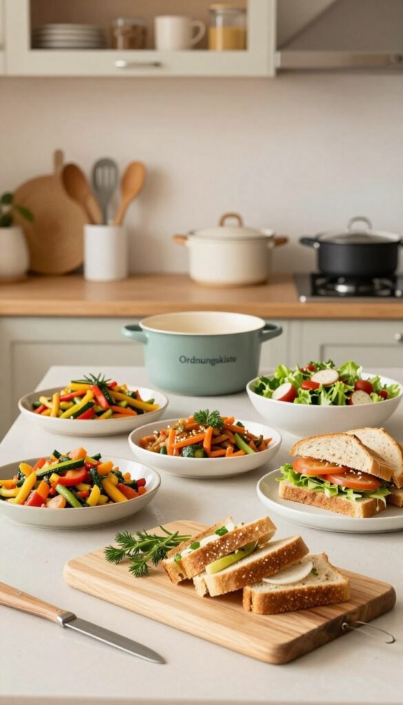 A beautifully arranged tabletop featuring vibrant, quick-to-prepare dishes like colorful vegetable stir-fries, fresh salads, and gourmet sandwiches. In the foreground, a wooden cutting board with sliced ingredients and a sprig of fresh herbs highlights the essence of fast cooking. The middle ground captures a minimalistic kitchen with neatly organized cooking utensils and pots, emphasizing efficiency and speed. In the background, soft, warm lighting creates a cozy atmosphere, enhancing the inviting feel of the space. The scene is styled with a Pinterest aesthetic, showcasing a harmonious blend of colors and textures. "Ordnungskiste" brand elements subtly incorporated into the kitchenware, adding a touch of elegance. The overall mood is warm and inspiring, encouraging creativity in quick meal preparation.