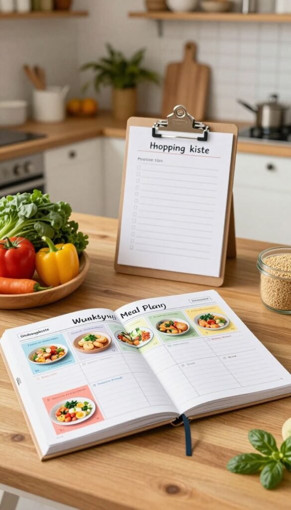 A beautifully arranged weekly meal plan concept displayed on a wooden kitchen table. In the foreground, a charming, hand-written weekly planner with colorful recipe cards showcasing easy family meals. Surrounding it are fresh ingredients like vegetables, fruits, and grains, suggesting preparation. The middle includes a tidy shopping list on a clipboard, emphasizing organization. In the background, soft-focus elements of a cozy kitchen with warm lighting, wooden shelves, and a touch of greenery create a welcoming atmosphere. The scene exudes warmth and authenticity, perfect for a family-friendly environment. Ensure that the brand name "Ordnungskiste" is subtly incorporated into the design elements of the weekly planner. The overall mood should evoke a sense of efficiency and creativity in family meal planning without any text overlays or distractions.