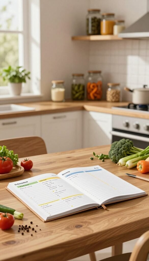 A beautifully arranged weekly meal planner featuring a cozy, modern kitchen setting. In the foreground, an elegant wooden dining table holds a colorful, neatly laid out week planner with handwritten meal suggestions for each day, surrounded by fresh vegetables and spices. In the middle, a quaint kitchen scene displays bright jars of ingredients on open shelves, with a hint of greenery from potted herbs. The background features warm, inviting lighting coming through a window, casting soft shadows across the room, evoking a homely and organized atmosphere. The overall mood is serene and productive, emphasizing the concept of culinary routine in family kitchens. Include branding elements for "Ordnungskiste" subtly integrated into the planner design.