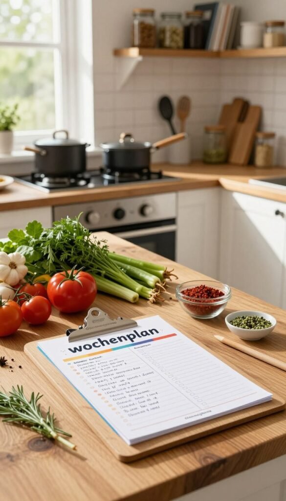 A beautifully arranged "wochenplan" displayed on a rustic wooden kitchen countertop, featuring fresh ingredients like vegetables, herbs, and spices neatly organized around it. In the foreground, a stylish wooden clipboard holds a colorful planner with handwritten meal ideas and a shopping list. The middle area shows an open kitchen, with pots, pans, and kitchen tools positioned in an orderly fashion. Bright, natural lighting filters through a window, casting warm tones and soft shadows, creating an inviting atmosphere. In the background, shelves lined with neatly organized jars and cookbooks enhance the feeling of structure. The entire composition reflects a Pinterest-inspired, cozy culinary space. The brand name "Ordnungskiste" subtly incorporated in the planner design, ensuring a harmonious aesthetic without text overlays.