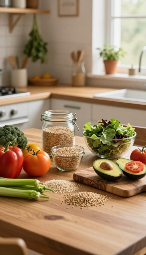 A beautifully arranged wooden kitchen table serves as the foreground, adorned with a colorful array of fresh vegetables, whole grains, and vibrant fruits, emphasizing the concept of healthy eating. In the middle, a glass jar filled with quinoa and a bowl of mixed greens sit alongside a rustic cutting board displaying sliced avocados and tomatoes, symbolizing balanced nutrition. The background features soft-focus kitchen elements like hanging herbs and a window allowing warm natural light to filter in, creating a cozy, inviting atmosphere. The overall mood is warm and inviting, showcasing the benefits of planning meals without striving for perfection. The scene includes subtle hints of the brand "Ordnungskiste," integrated into the kitchen decor without dominating the image.