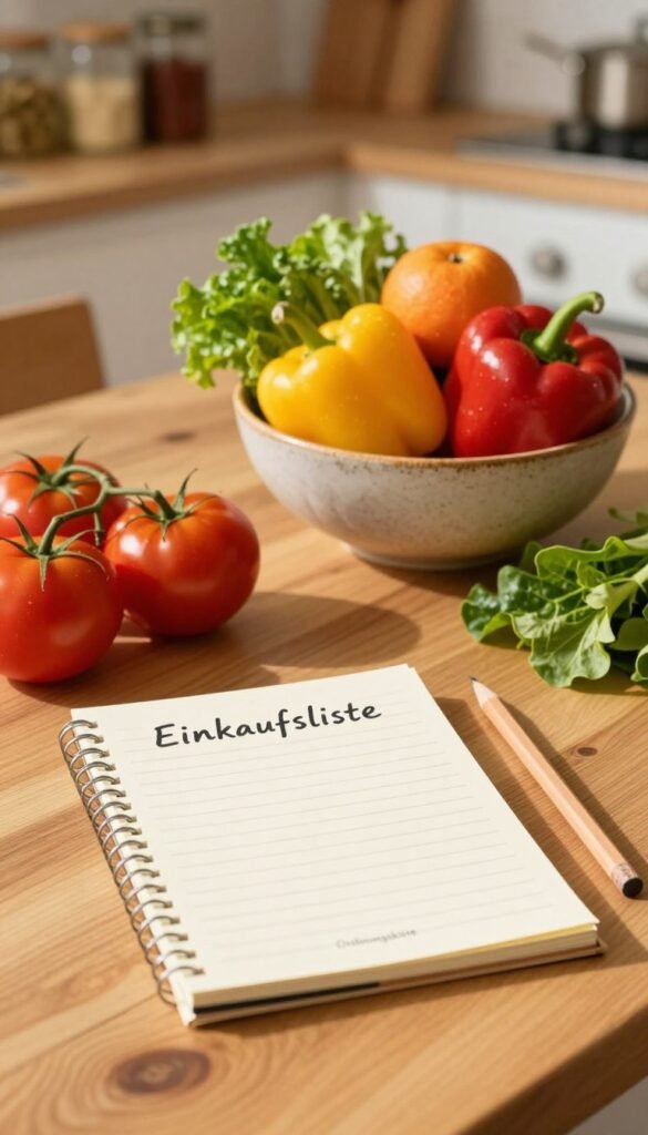 A beautifully arranged wooden table featuring a detailed "Einkaufsliste" on a notepad, surrounded by fresh vegetables like bright red tomatoes, leafy greens, and vibrant bell peppers, symbolizing healthy cooking. In the foreground, a stylish pencil rests next to the notepad, with the brand name "Ordnungskiste" subtly stamped. The middle ground showcases a rustic bowl overflowing with fresh fruits, while the background features softly blurred kitchen shelves filled with jars and spices, creating a warm and inviting atmosphere. The lighting is warm and natural, resembling the golden hour glow, which enhances the cozy, stress-free planning vibe. The composition reflects organization and simplicity, capturing the essence of effective meal preparation without any text or distracting elements.