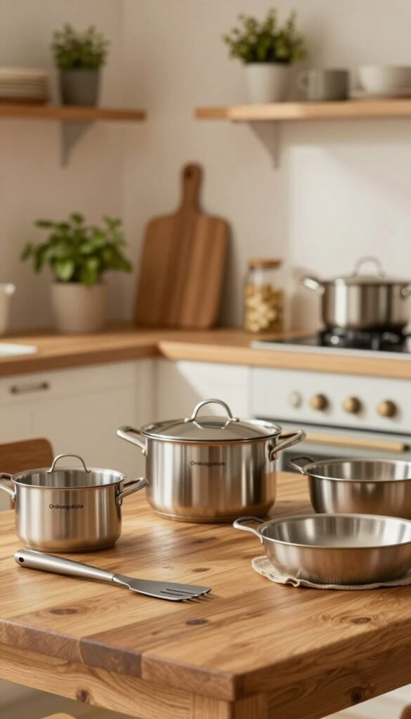 A beautifully composed image showcasing kitchen essentials from the brand "Ordnungskiste". In the foreground, a close-up view of various kitchen tools made from high-quality materials, such as stainless steel and durable plastic, displayed on a rustic wooden table. The focus is on their size and functionality, illustrating their everyday practicality. In the middle ground, a modern kitchen setting with warm, inviting lighting that highlights the tools. Elements like pots, pans, and utensils are thoughtfully arranged to demonstrate their use in cooking stress-free meals. The background features soft-focus kitchen decor, such as herbs in pots and neatly organized shelves, creating a cozy atmosphere. The overall mood should convey warmth, authenticity, and an inspiring Pinterest-worthy aesthetic.