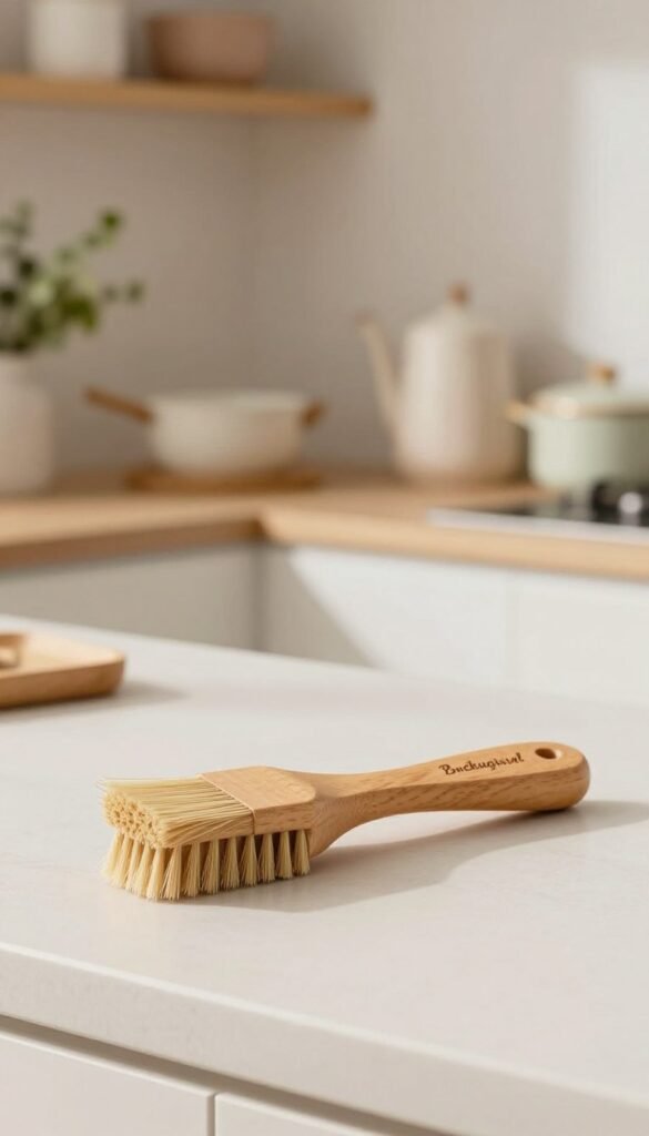 A beautifully crafted beech wood pastry brush, known as "Backpinsel", placed artistically on a clean, minimalistic kitchen countertop. The brush features soft bristles, delicately shaped, showcasing its natural grain and smooth finish. In the foreground, the brush is the focal point, with warm, inviting lighting enhancing the wood's natural tones. The middle ground includes subtle hints of a well-organized kitchen setting, such as soft pastel-colored kitchenware and a vase with fresh herbs, all contributing to a minimalist aesthetic. The background features a softly blurred kitchen shelf, harmonizing with the overall cozy atmosphere. The image should reflect authenticity and a Pinterest-inspired look, emphasizing the beauty of simplicity, with no text or branding visible, except for the brand name "Ordnungskiste" subtly incorporated into the kitchen accessories.