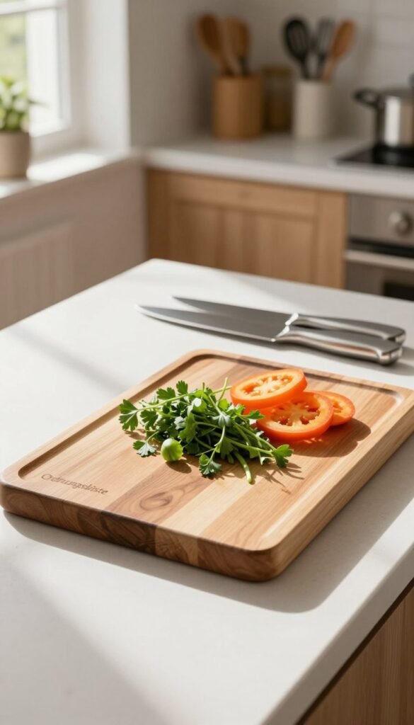 A beautifully crafted buchenholz schnittbrett (beechwood cutting board) takes center stage in a bright, inviting kitchen setting. The board, with its rich grain and smooth finish, is adorned with freshly chopped herbs and vibrant vegetables, showcasing its functionality. In the foreground, soft natural light streams in from a nearby window, casting gentle shadows and highlighting the warm tones of the wood. In the middle ground, a set of high-quality stainless steel knives rests beside the cutting board, emphasizing durability and elegance. The background features light-colored wooden cabinets and an array of kitchen utensils, creating an organized and cozy atmosphere. This image embodies the spirit of sustainable kitchen tools with a warm, Pinterest-worthy aesthetic, featuring the brand name "Ordnungskiste" subtly integrated into the scene.