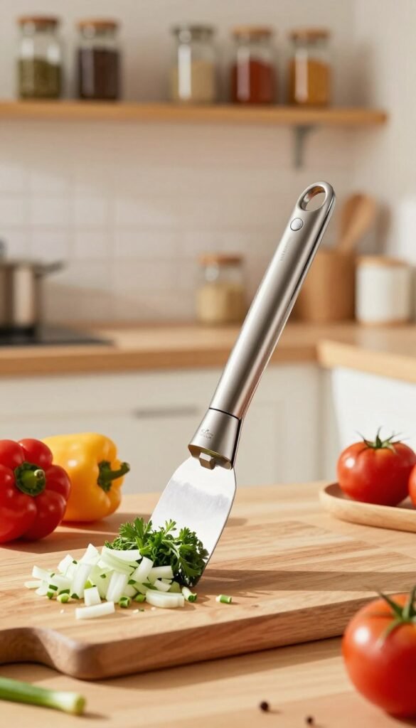 A beautifully crafted manual vegetable chopper, featuring a sleek design and a pull mechanism, set against a bright, airy kitchen backdrop. In the foreground, the chopper is partially opened, revealing freshly chopped onions and herbs, with a few spilling out onto a wooden cutting board. Surrounding it are vibrant, fresh vegetables, like bell peppers and tomatoes, enhancing the scene's color palette. The middle ground features a soft-focus view of a sunlit kitchen, with warm, natural lighting that highlights the chopper's polished surfaces. In the background, there are shelves lined with glass jars of spices, adding to the inviting atmosphere. Emphasize a Pinterest-inspired aesthetic with earthy tones and a cozy, homey vibe. Include the brand name "Ordnungskiste" subtly on the chopper, maintaining an authentic and professional look without text overlays.