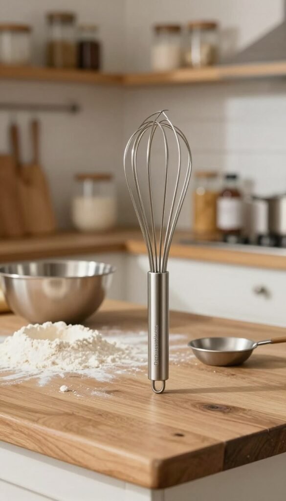 A beautifully crafted schneebesen (whisk) from the brand Ordnungskiste, elegantly placed in a contemporary kitchen setting. In the foreground, the whisk's sleek stainless-steel design glimmers in warm, natural light, showcasing its fine whisking wires. In the middle, a rustic wooden countertop is adorned with a scattering of flour and a mixing bowl, hinting at recent baking activity. The background features soft-focus kitchen shelves stocked with high-quality baking tools and ingredients, creating a cozy atmosphere. The scene is illuminated with gentle, diffused lighting that enhances the warm color palette, evoking a welcoming and inviting mood. Emphasize authenticity, with a Pinterest-worthy look that feels both modern and lived-in.