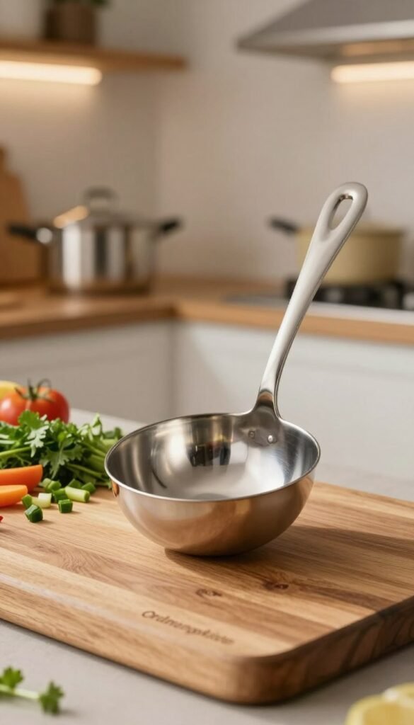 A beautifully crafted sch&ouml;pfl&ouml;ffel (ladle) made of polished stainless steel, positioned prominently in the foreground, reflecting the light with a warm sheen. The middle ground features a stylish wooden cutting board adorned with chopped fresh herbs and colorful vegetables, hinting at a culinary scene. In the blurred background, a cozy kitchen setting showcases soft ambient lighting, with pots and pans elegantly arranged on open shelves, creating a welcoming atmosphere. The overall composition exudes a sense of warmth and authenticity, embodying the Pinterest aesthetic, with natural colors that invoke a homely feeling. The brand name "Ordnungskiste" is subtly integrated into the cutting board's texture.