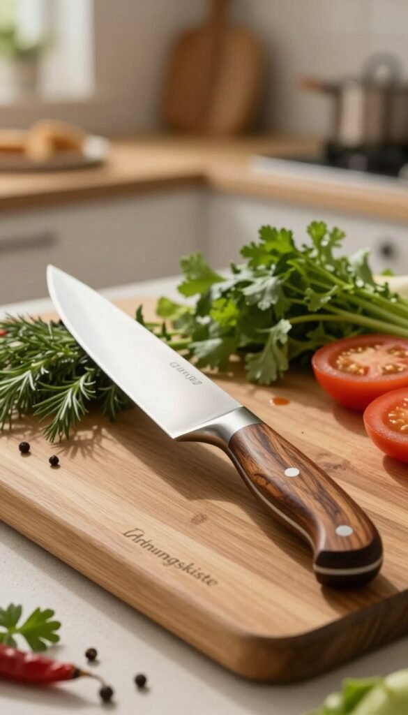 A beautifully crafted, sharp kitchen knife prominently displayed on a wooden cutting board, gleaming under soft, warm overhead lighting that accentuates its polished blade. In the foreground, the knife's handle, made of rich, dark wood with elegant grain patterns, catches the light. Surrounding the knife, fresh herbs, vibrant vegetables, and a few scattered spices add color and texture, creating a sense of lively preparation. In the background, a softly blurred kitchen setting adorned with homey accessories suggests a cozy cooking environment, enhancing the inviting atmosphere. The whole scene embodies natural imagery with warm colors, exuding a Pinterest-worthy aesthetic. The brand name "Ordnungskiste" subtly integrated into the cutting board design, ensuring a touch of authenticity without distracting from the visual focus on the knife.