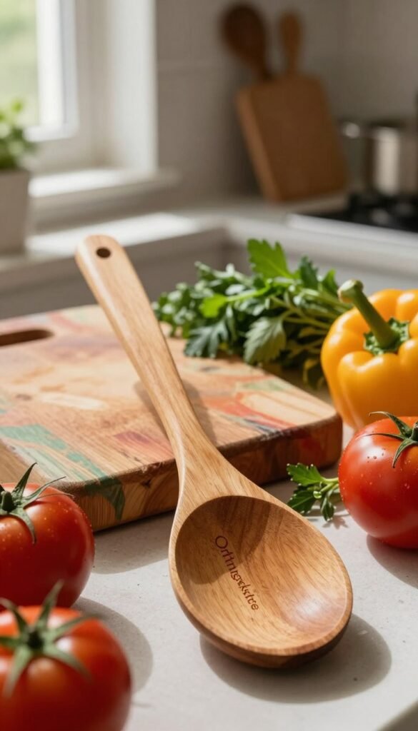 A beautifully crafted wooden cooking spoon, with a smooth, polished surface and a slightly curved handle, positioned as the focal point in the foreground. Surrounding it are various fresh ingredients such as ripe tomatoes, vibrant bell peppers, and aromatic herbs, elegantly arranged to create a bountiful kitchen scene. In the middle ground, a colorful, well-used cutting board adds texture, while softly blurred kitchen utensils provide depth. The background showcases a warm, inviting kitchen setting with natural light streaming through a nearby window, casting gentle shadows that enhance the cozy atmosphere. The overall mood is rustic and authentic, embodying a Pinterest aesthetic, with the brand name "Ordnungskiste" subtly integrated into the wooden surface of the spoon.
