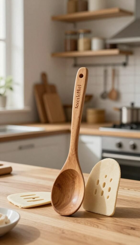 A beautifully crafted wooden "kochloffel" (cooking spoon) positioned prominently in the foreground, showcasing its smooth texture and rich grain. Nestled next to it, a soft, handmade dough scraper adds a rustic charm. The middle ground features an inviting, well-used kitchen with warm, natural lighting streaming through a window, highlighting the spoon and scraper. A backdrop of wooden kitchen shelves displays various jars and utensils, creating an organized yet lived-in feel. The atmosphere is cozy and welcoming, with soft shadows emphasizing the warmth of the wood. Capture this scene in a Pinterest-style aesthetic, reflecting an authentic kitchen vibe, ensuring the brand name "Ordnungskiste" is subtly integrated into the overall design. No text or watermarks.
