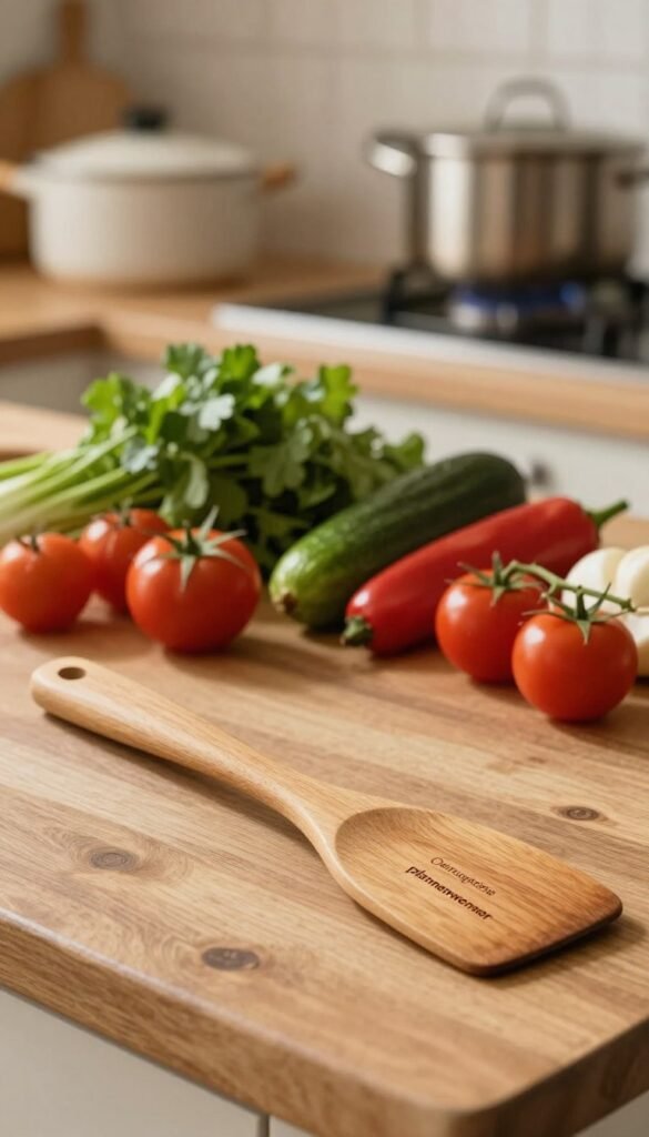 A beautifully crafted wooden "pfannenwender" (spatula) prominently displayed in the foreground on a rustic kitchen countertop. The spatula features an ergonomic design, with a smooth finish and a comfortable grip that reflects the brand "Ordnungskiste". In the middle ground, a vibrant assortment of fresh vegetables and herbs is arranged, showcasing a casual cooking atmosphere. The background includes softly blurred images of pots and pans, accentuated by warm, inviting lighting that creates a cozy ambiance. A shallow depth of field emphasizes the spatula as the focal point while adding a touch of authenticity, making the scene feel like a Pinterest-inspired kitchen moment. The overall mood is homey and inviting, perfect for illustrating ergonomic kitchen helpers.