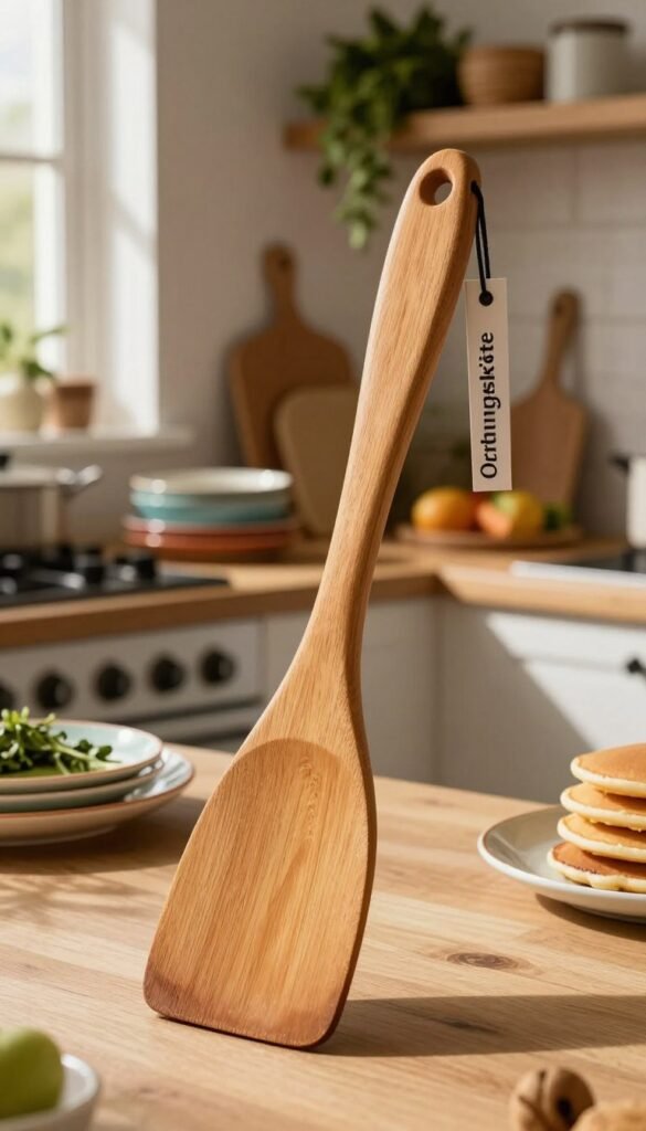 A beautifully crafted wooden spatula designed for flipping fish and pancakes, showcasing its ergonomic handle and smooth, wide blade. The spatula is prominently displayed in the foreground, catching warm, natural light that highlights its honey-toned wood grains and polished finish. In the middle ground, a cozy kitchen setting is depicted, with a well-used stove, colorful ceramic dishes, and fresh ingredients artfully arranged. Soft sunlight streams in through a nearby window, casting gentle shadows that create a welcoming atmosphere. The background features a rustic wooden kitchen shelf adorned with herbs and kitchen essentials. The overall mood is inviting and homey, evoking the essence of durable kitchen tools, with "Ordnungskiste" subtly incorporated as a brand element on a stylish tag attached to the spatula.