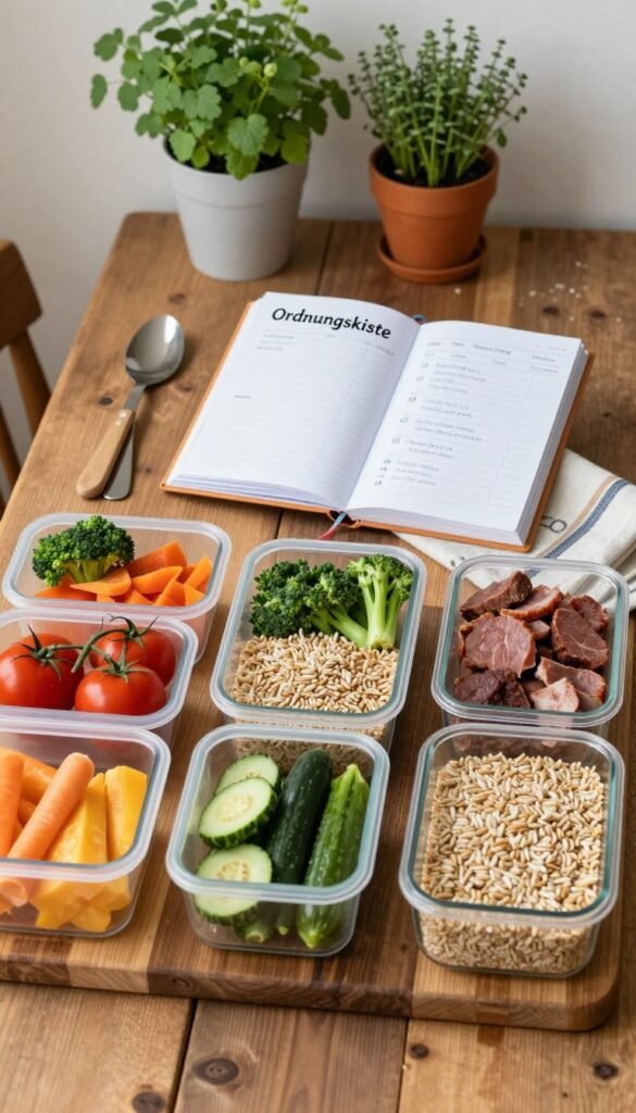 A beautifully curated meal planning board for a week, featuring colorful, healthy food options on a rustic wooden table. In the foreground, display neatly arranged meal containers with vibrant ingredients like fresh vegetables, whole grains, and lean proteins. In the middle, a stylish planner labeled "Ordnungskiste" opens with handwritten meal ideas, surrounded by kitchen utensils and a cozy fabric napkin. In the background, soft, natural lighting highlights blooming herbs in pots, creating an inviting and warm atmosphere. The image should evoke a sense of calm and organization, perfect for the concept of meal planning while maintaining a Pinterest-inspired aesthetic that feels authentic and approachable.