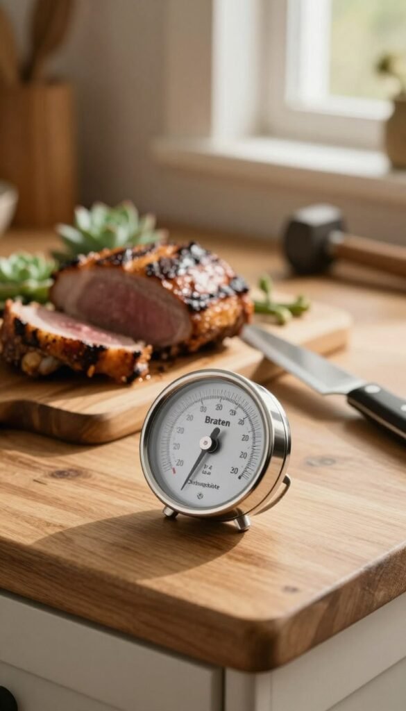 A beautifully designed 'Braten Thermometer' by Ordnungskiste, prominently displayed in the foreground, showcasing its sleek stainless steel finish and clear temperature dial. The thermometer is positioned on a rustic wooden kitchen countertop, with succulent roasted meats in the background used as a visual context for its purpose. Warm, natural lighting filters through a nearby window, casting soft highlights and creating an inviting atmosphere. In the middle ground, a subtle blur of kitchen tools, like a meat mallet and a robust carving knife, enhances the scene without distracting from the thermometer. The overall mood is cozy and professional, perfect for a culinary setting, evoking feelings of warmth and reliability. The composition should have a Pinterest-inspired aesthetic, ensuring authenticity and visual appeal without any text or branding visible other than the item itself.
