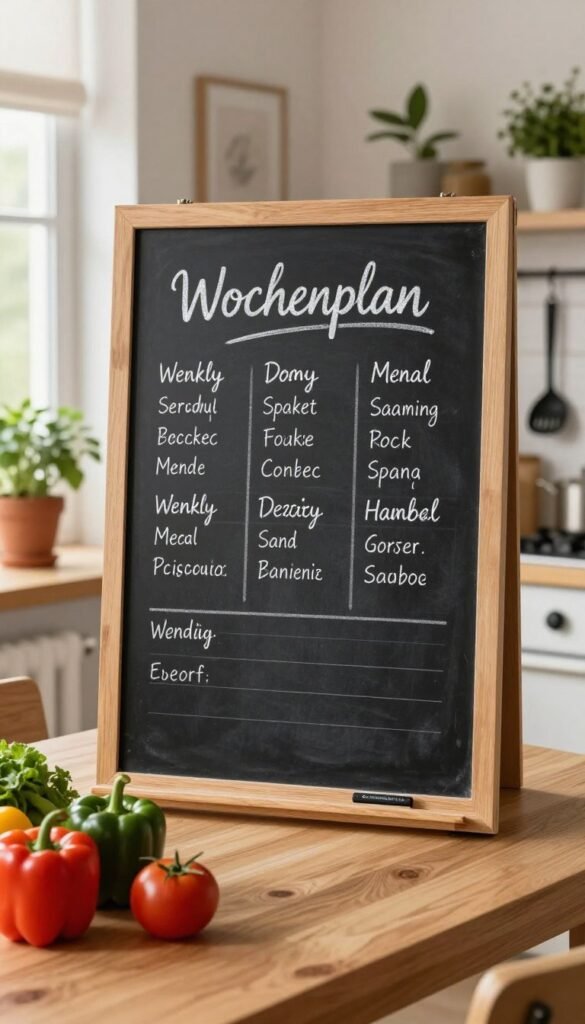 A beautifully designed Wochenplan Speiseplan, showcasing a weekly meal planning schedule. In the foreground, a clean wooden table adorned with colorful fresh vegetables like bell peppers, tomatoes, and leafy greens, hinting at healthy recipes. In the middle, a large, stylish chalkboard displays the meal plan written in elegant, handwritten script, divided by days of the week. The background features a cozy kitchen setting with soft, warm lighting illuminating the space, creating an inviting atmosphere. Accents of homey decor, such as herbs in pots on the windowsill and utensils hanging on the wall, add charm. The scene embodies efficiency and organization in cooking, with an appealing Pinterest aesthetic. The brand name "Ordnungskiste" subtly integrated within the design.