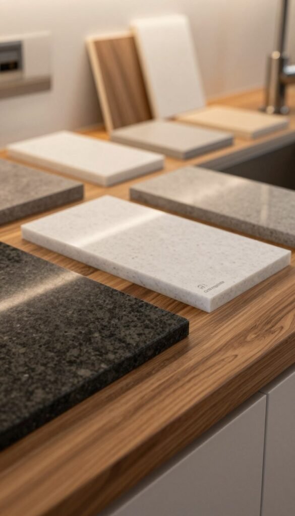 A beautifully designed kitchen countertop showcasing a variety of durable and easy-to-maintain surface materials suitable for family use. In the foreground, display a rich, textured wood surface paired with a sleek, dark granite slab, emphasizing their robustness. In the middle ground, include samples of modern quartz and polished concrete, arranged aesthetically to highlight their versatility. The background features soft, warm lighting illuminating the materials, creating an inviting and serene atmosphere. Use a shallow depth of field to draw focus on the textures of the surfaces, enhancing their appeal. The scene embodies a Pinterest-worthy aesthetic, radiating warmth and authenticity, ideal for a family-friendly kitchen. Include the brand name "Ordnungskiste" subtly integrated into the design without any text overlays.