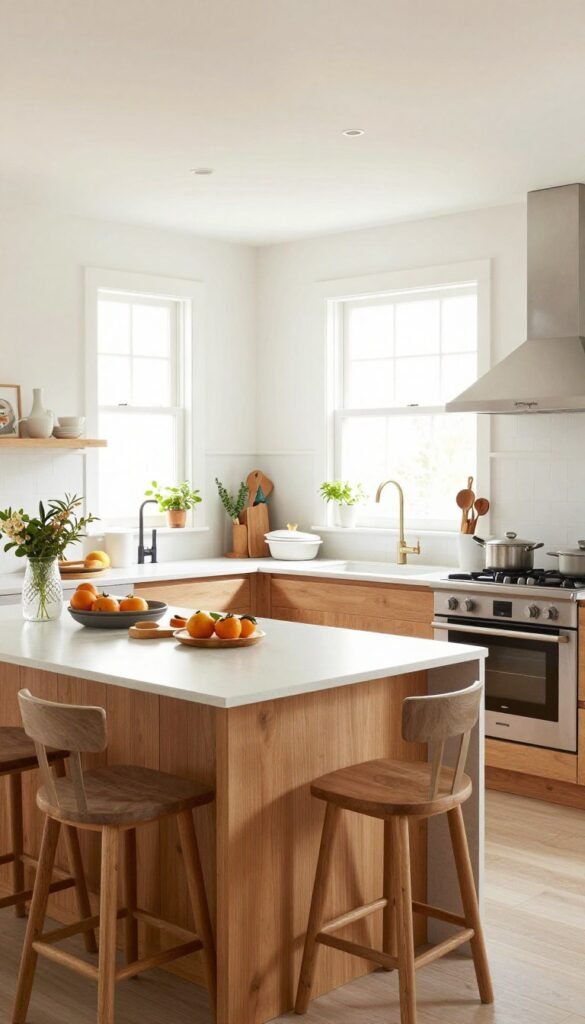 A beautifully designed kitchen layout, showcasing various kitchen forms ideal for a bustling household. In the foreground, a large central island with elegant bar stools, surrounded by warm wooden cabinetry. The middle ground features a U-shaped kitchen setup with modern appliances, displaying a harmonious blend of functionality and aesthetics. Bright, natural light floods the space through large windows in the background, illuminating the warm color palette of soft whites and gentle grays, creating an inviting atmosphere. A hint of greenery with potted plants adds a touch of freshness and life. Emphasize homey details like stylish cookware and neatly organized utensils, highlighting the brand "Ordnungskiste" subtly. The scene captures a Pinterest-inspired look that is both authentic and visually pleasing, evoking a sense of comfort and togetherness without any text or watermarks.