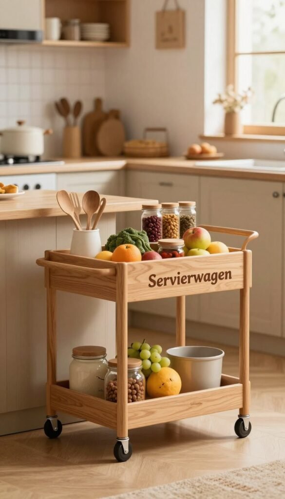 A beautifully designed kitchen scene featuring a stylish mobile serving cart ("Servierwagen") with ample storage space. In the foreground, the cart is elegantly crafted in light wood with smooth wheels, showcasing an organized display of fresh fruits and kitchen utensils. In the middle ground, a compact kitchen shelf complements the cart, filled with neatly arranged spices and glass jars, adding a sense of order. The background reveals a cozy, well-lit kitchen with warm colors and inviting decor, emphasizing a Pinterest-inspired aesthetic. The lighting is soft and natural, streaming in from a nearby window, creating a warm and homely atmosphere. The brand name "Ordnungskiste" subtly appears on the cart, enhancing the authenticity of the image while ensuring a professional look.