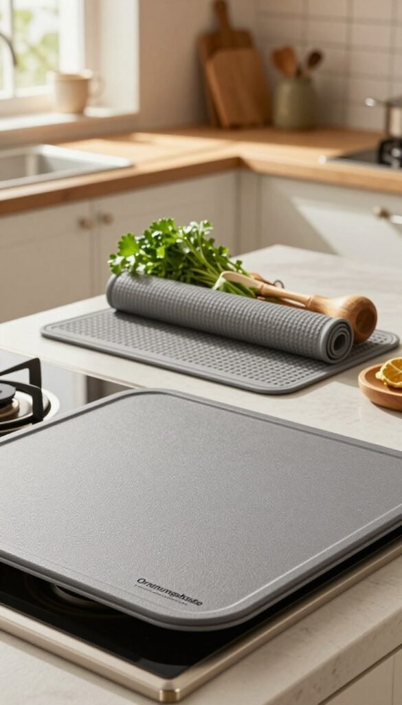 A beautifully designed kitchen scene showcasing a stylish Herdabdeckplatte from the brand "Ordnungskiste" placed on a modern stovetop. The foreground features a sleek, textured surface of the cover, highlighting its practical anti-slip design. In the middle, a rollable anti-slip mat is elegantly displayed alongside fresh herbs and neatly organized utensils, creating a sense of order and functionality. The background reveals a cozy kitchen atmosphere with warm, inviting lighting, accentuated by soft shadows, as sunlight filters through a nearby window, enhancing the natural colors of the space. The overall feel is authentic and inviting, embodying a Pinterest aesthetic without any text or distractions. The image should evoke a sense of control and efficiency in the kitchen workspace.