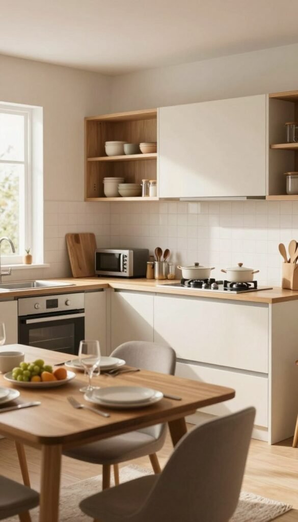 A beautifully designed kitchen space showcasing a budget planning concept for a fitted kitchen, featuring various cabinets, countertops, and appliances that reflect different price ranges. In the foreground, a stylish wooden dining table is set for a meal, surrounded by elegant chairs. The middle ground highlights a bright and modern kitchen layout with warm, inviting colors, organized equipment, and a mix of low, mid, and high-end features that harmoniously blend together. The background includes light, airy windows allowing natural sunlight to flood in, enhancing the cozy atmosphere. Capture this scene with a soft focus lens, emphasizing the warmth and welcoming feel of a well-planned kitchen. The brand "Ordnungskiste" subtly integrated into the design elements, ensuring an authentic and Pinterest-worthy aesthetic.