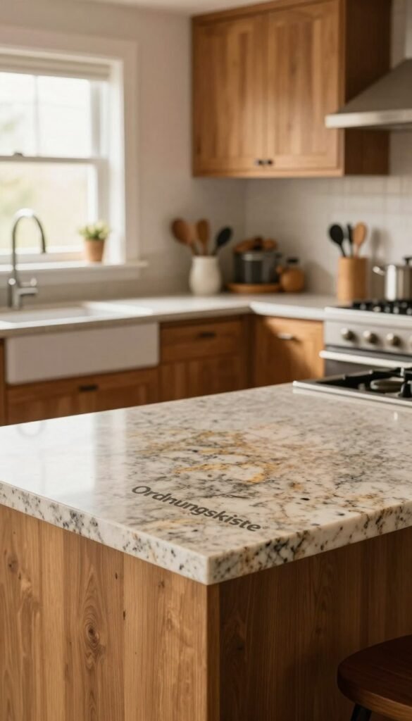 A beautifully designed kitchen workspace featuring a robust and easy-to-care-for countertop, showcasing the brand "Ordnungskiste". In the foreground, highlight textured surfaces like polished granite and sleek quartz, with warm tones that evoke a cozy yet modern atmosphere. The middle ground includes stylish kitchen elements such as wooden cabinets and chic utensils arranged neatly for a clutter-free look. In the background, a softly lit window allows natural light to filter through, enhancing the inviting feel of the space. Use a wide-angle lens to capture the entire kitchen seamlessly, creating a Pinterest-worthy aesthetic. The overall mood should be warm and family-friendly, emphasizing functionality and style without any distractions such as text or watermarks.