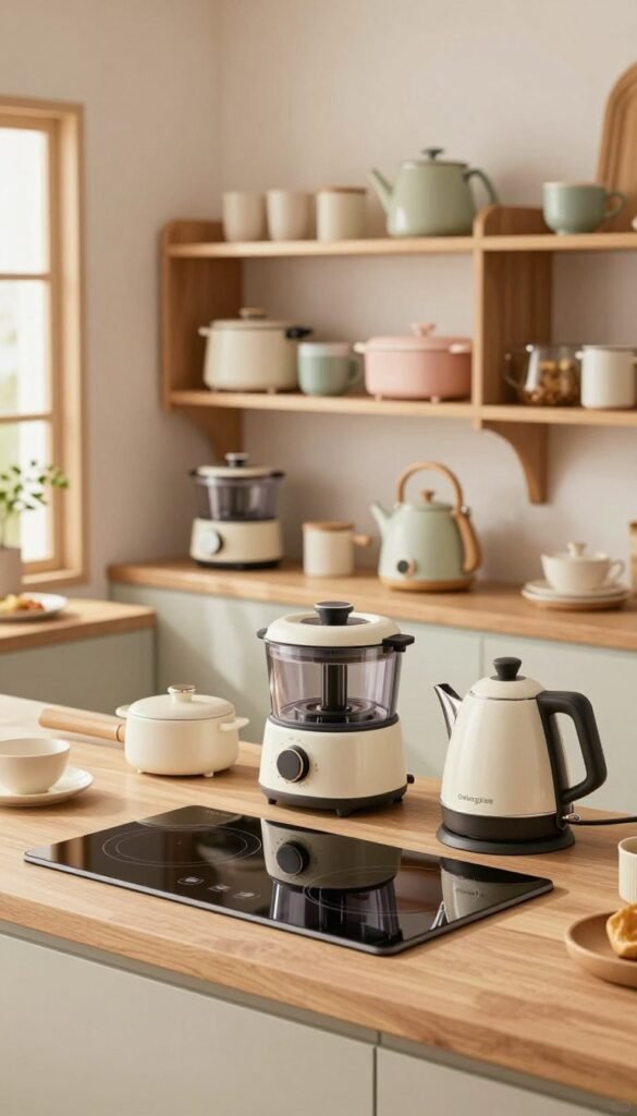A beautifully designed modern kitchen showcasing a selection of "Ordnungskiste" compact cooking appliances. In the foreground, a sleek, narrow induction cooktop is highlighted, accompanied by a multifunctional food processor and an elegant electric kettle. The middle ground features neatly organized kitchen shelves filled with compact gadgets, surrounded by warm natural wood accents. The background is softly blurred, revealing a cozy kitchen atmosphere with light streaming in from a nearby window, enhancing the inviting mood. The color palette consists of warm, earthy tones and pastel shades, evoking a Pinterest-inspired aesthetic. The overall composition reflects innovative space-saving design, emphasizing functionality and style without any text or distractions.