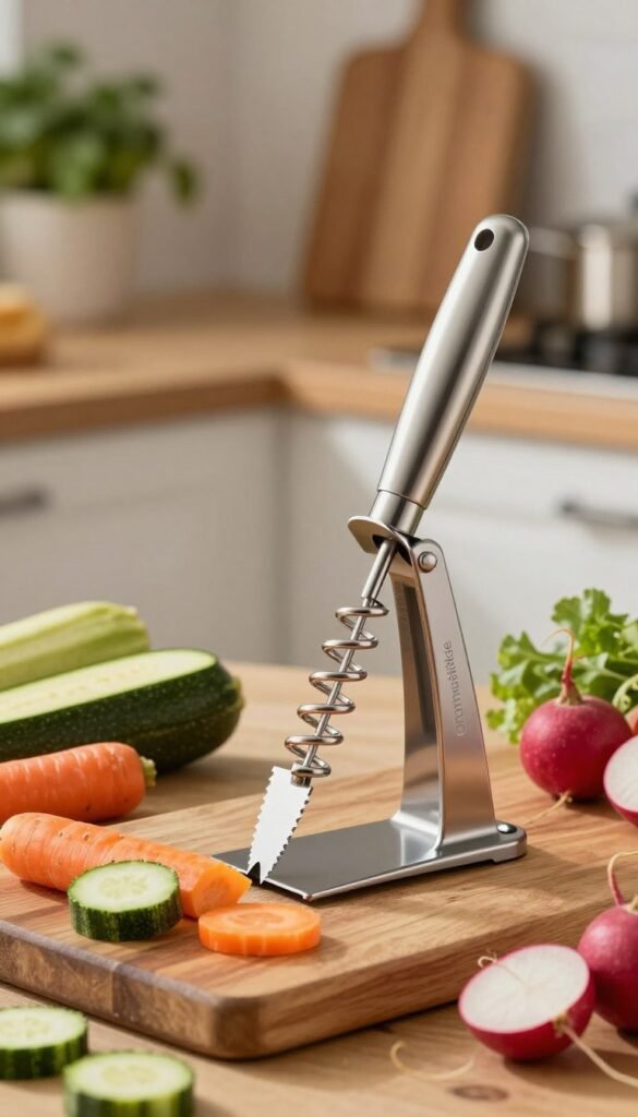 A beautifully designed spiral vegetable cutter (spiralschneider) sits prominently in the foreground, showcasing its sharp stainless steel blades and ergonomic handle. Fresh, colorful vegetables like zucchini, carrots, and radishes are artistically arranged around it, demonstrating its functionality. In the middle ground, a rustic wooden cutting board adds warmth and texture, while a soft, diffused lighting gently illuminates the scene, creating a cozy kitchen atmosphere. The background features a softly blurred kitchen setting with natural elements, such as potted herbs and warm wood accents, contributing to a homey vibe. The overall composition should evoke a sense of culinary creativity and efficiency. The brand name "Ordnungskiste" appears discreetly on the cutter, enhancing the image's authenticity without detracting from the visual appeal.