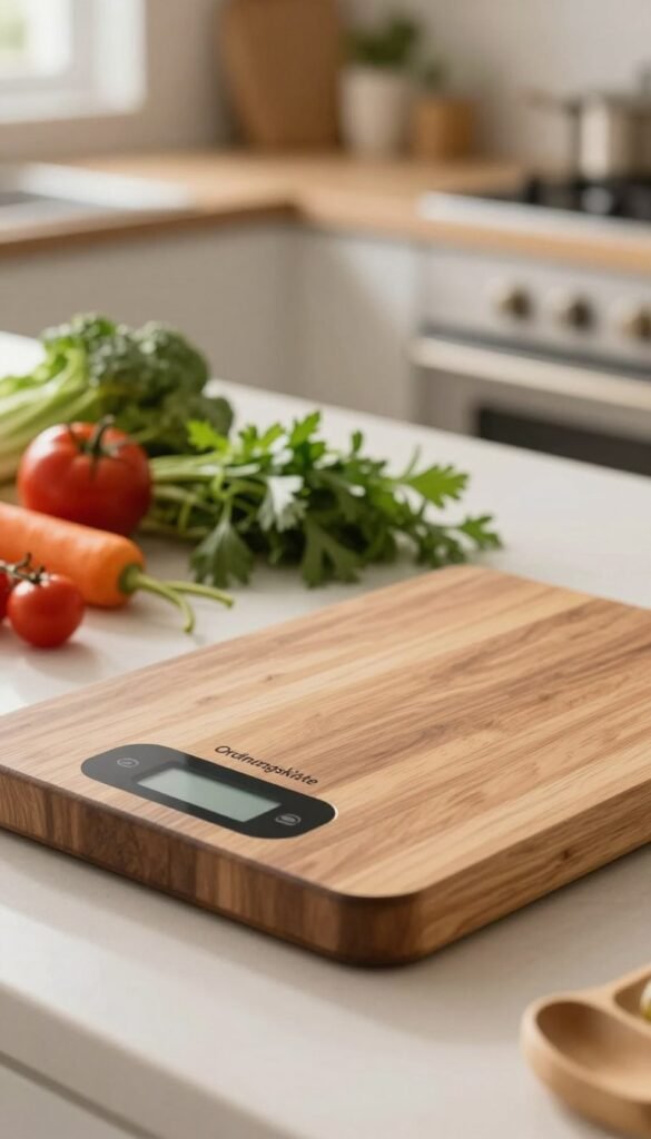 A beautifully designed wooden cutting board with an integrated scale displayed prominently in the foreground, showcasing its sleek, modern features. The scale&rsquo;s digital display is subtly integrated into the board, emphasizing functionality and style. In the middle ground, fresh ingredients like vegetables and herbs are artistically arranged, hinting at a culinary environment. The background features a softly lit kitchen setting, with warm, natural colors creating an inviting atmosphere. Use a shallow depth of field to focus on the cutting board while allowing the kitchen elements to softly blur. The overall mood is cozy and efficient, perfect for showcasing the innovative "Ordnungskiste" cutting board that combines cutting and weighing in one seamless step.