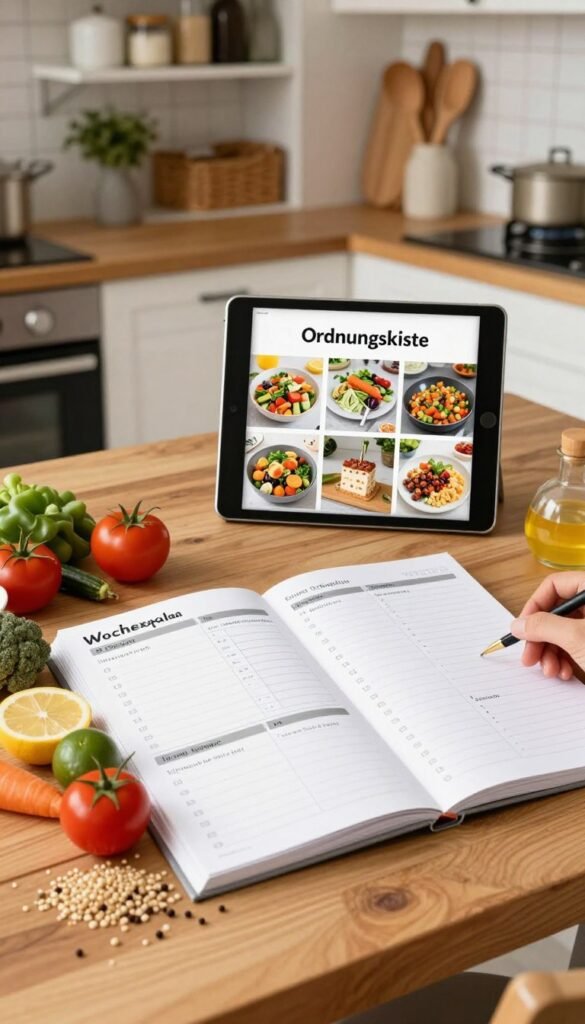 A beautifully organized Wochenplan (weekly planner) displayed on a wooden kitchen table, featuring neatly arranged sections for meals, grocery lists, and preparation times. In the foreground, colorful ingredients like vibrant vegetables, grains, and spices are artistically arranged next to the planner, evoking a sense of meal preparation. The middle ground showcases a stylish tablet or recipe book with the brand name "Ordnungskiste" prominently featured, displaying easy-to-follow recipes. The background consists of a cozy kitchen scene with soft, warm lighting, highlighting a well-stocked pantry and sustainable cooking utensils. The atmosphere is inviting and motivating, encouraging viewers to adopt meal planning for efficient cooking. The overall aesthetic captures a natural, Pinterest-worthy look with warm colors, free from any text or labels.