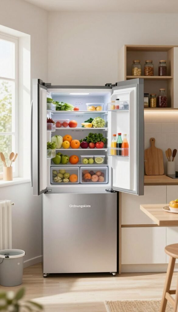 A beautifully organized and modern kitchen scene featuring a sleek, minimalist refrigerator prominently situated in the foreground. The fridge, labeled "Ordnungskiste," showcases an open door revealing a colorful assortment of fresh fruits, vegetables, and neatly arranged containers for meal prep. The middle ground includes a spacious, tidy kitchen countertop with a chopping board, some kitchen tools, and a recycling bin, evoking the theme of efficient household management. The background features soft-focus kitchen shelves stocked with spices and cookbooks, enhancing the atmosphere of warmth and comfort. The scene is bathed in natural light streaming through a nearby window, creating an inviting homey ambiance. The overall mood is organized yet inviting, embodying the essence of a well-functioning family kitchen.